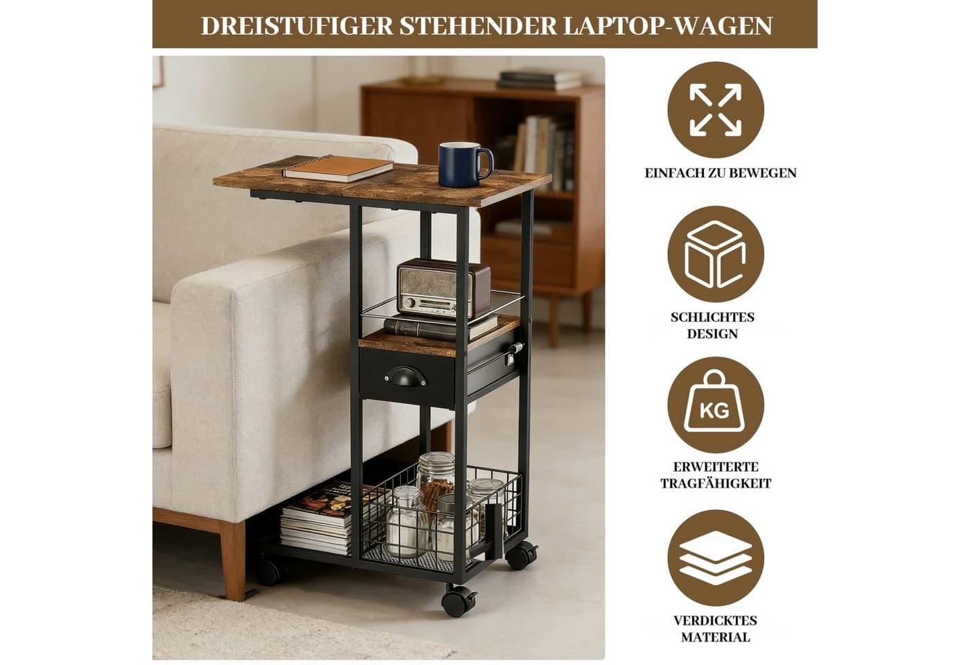BlingBin C-förmiger Beistelltisch mit Rollen, Metall MDF, Braun/Schwarz - Bild 3