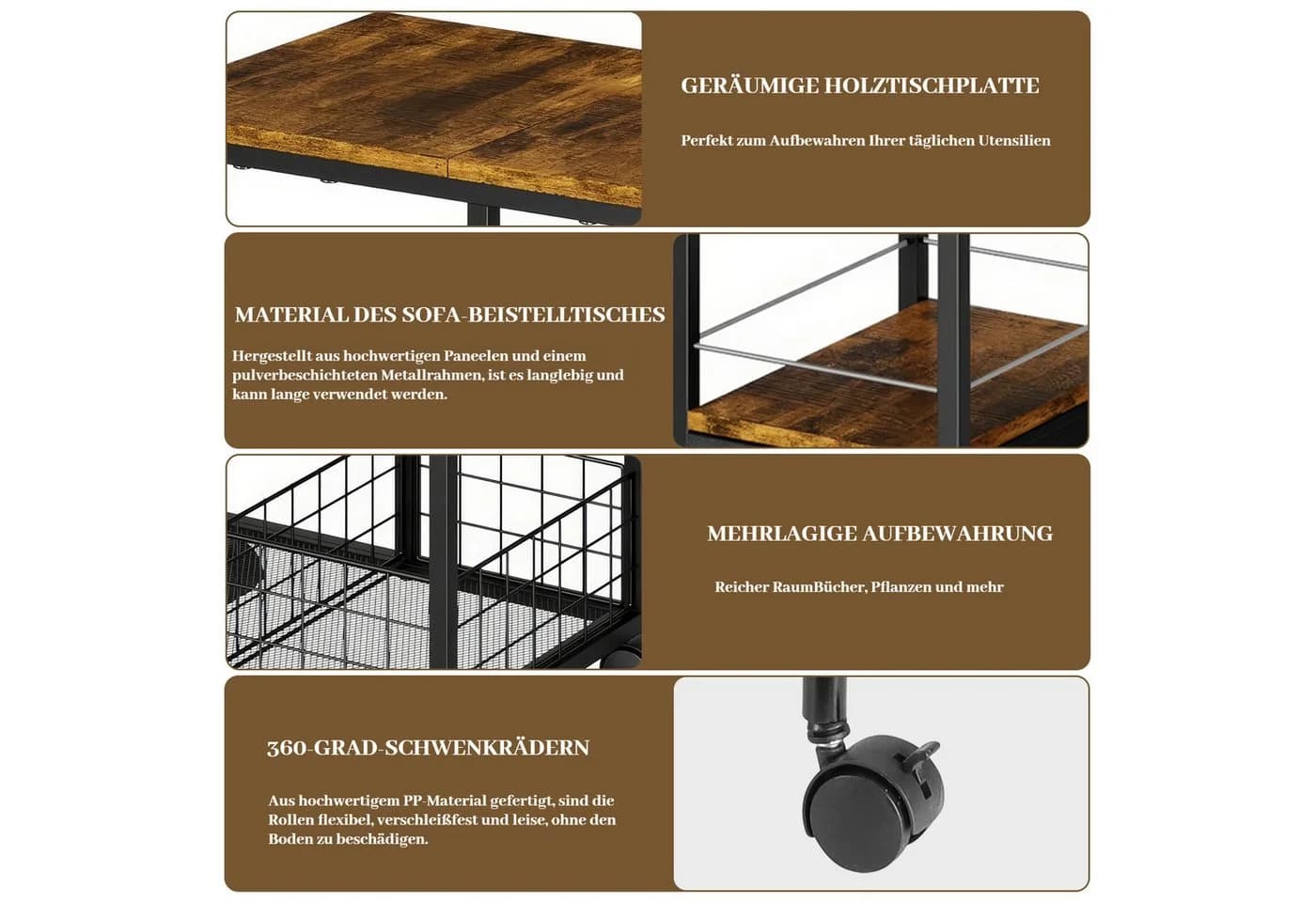 BlingBin C-förmiger Beistelltisch mit Rollen, Metall MDF, Braun/Schwarz - Bild 4