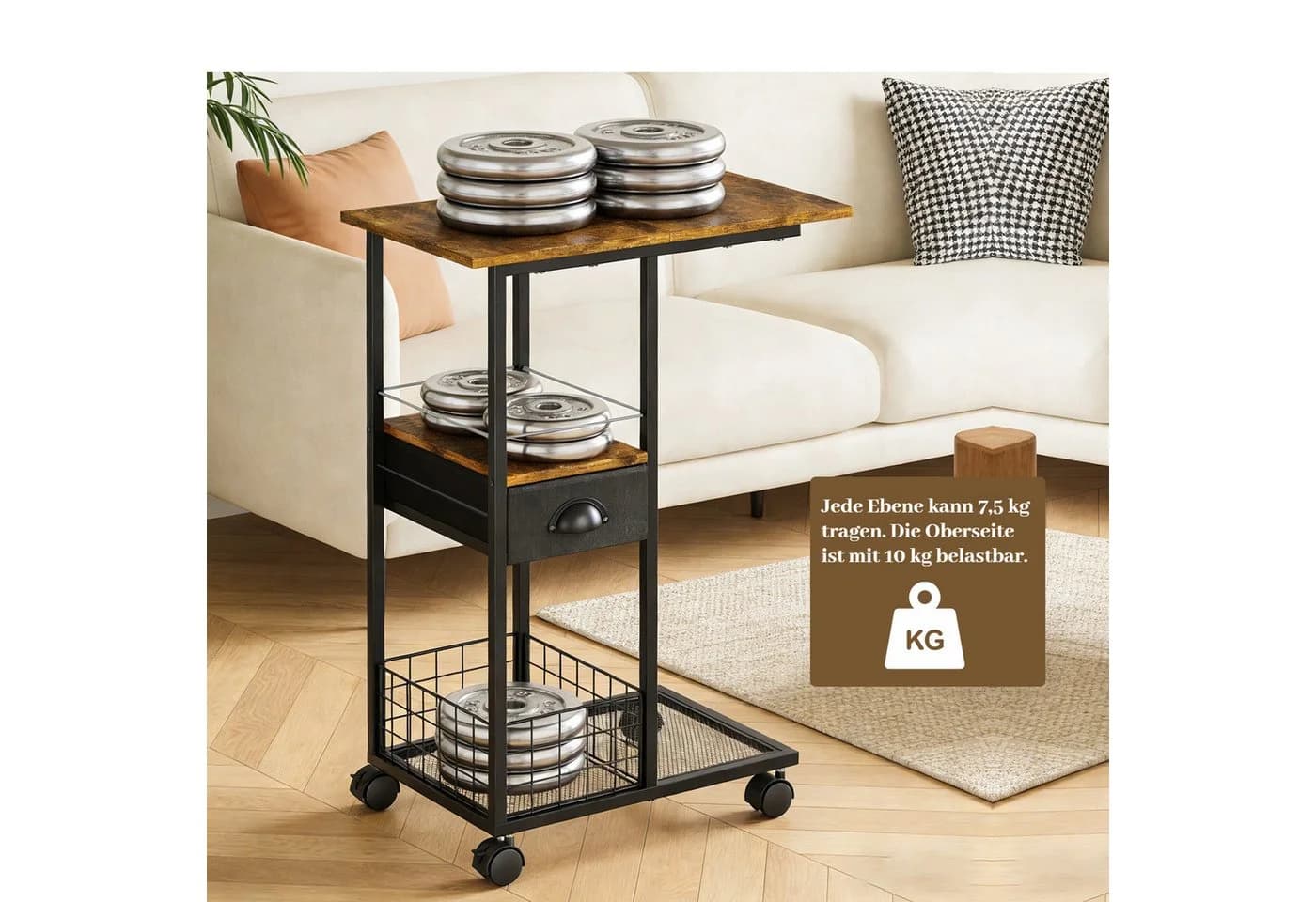 BlingBin C-förmiger Beistelltisch mit Rollen, Metall MDF, Braun/Schwarz - Bild 5