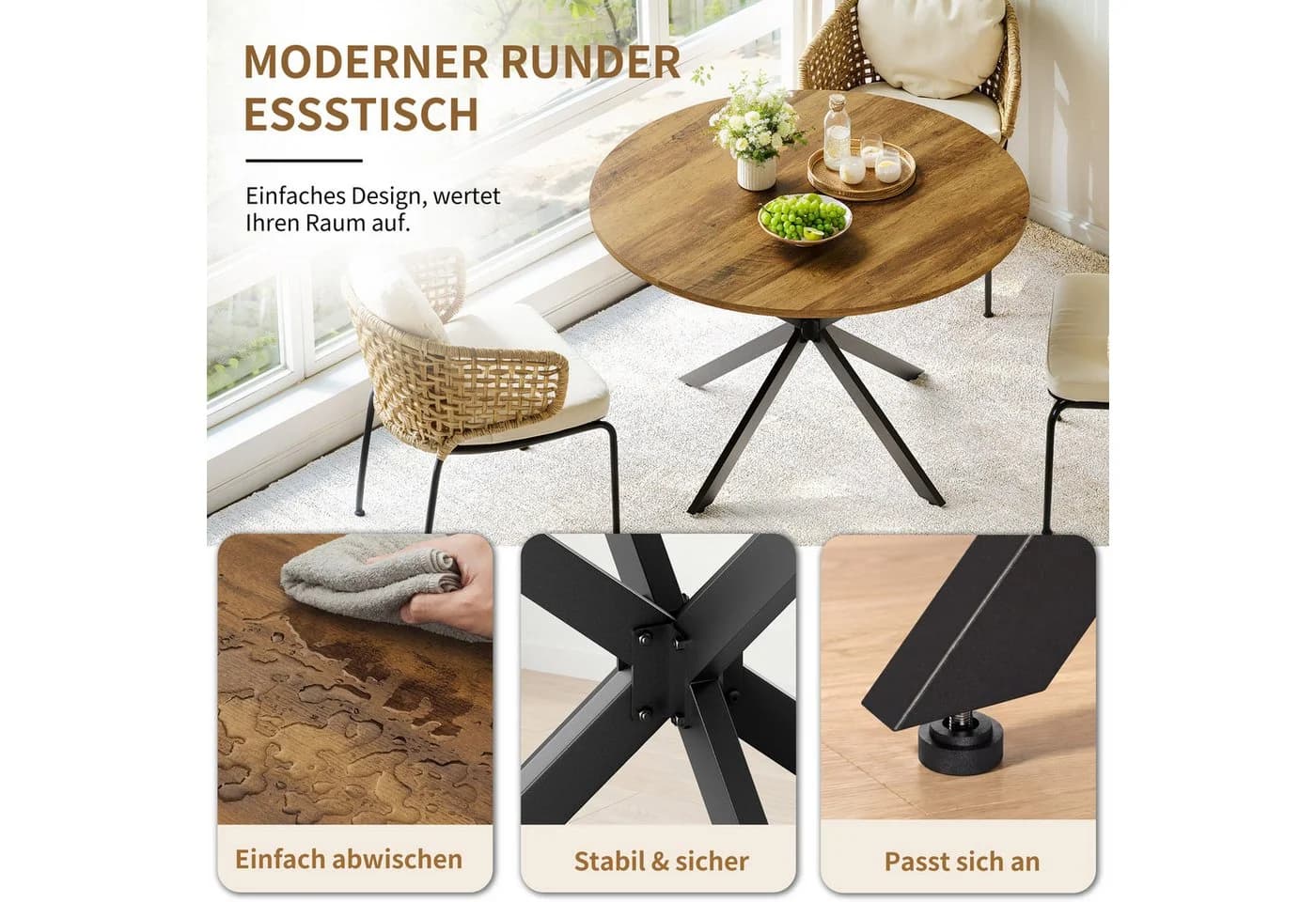 BlingBin Runder Esstisch Industriestil 120 cm Braun/Schwarz - Bild 3