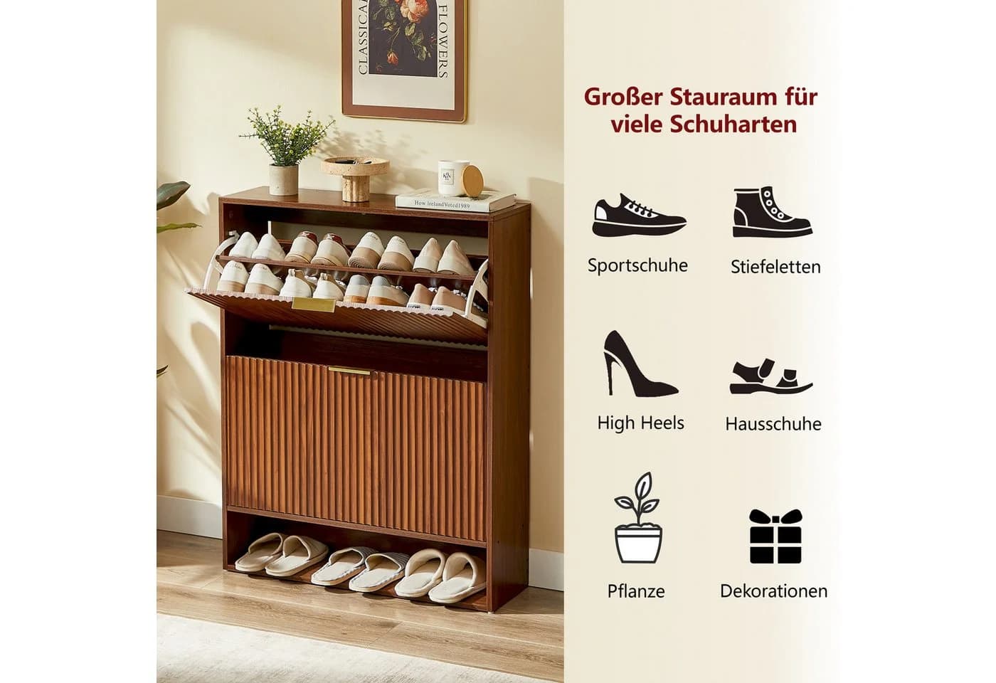 BlingBin Schuhschrank mit 2 Klappen und offenen Fächern Weiß/Gold