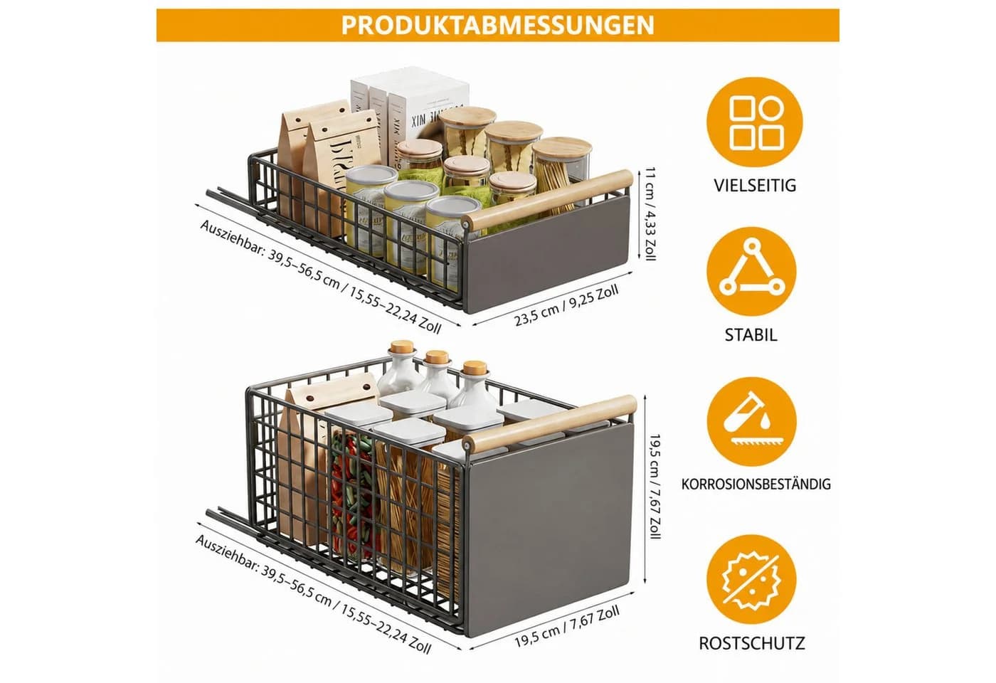 LEMLIT Küchenregal 2-tlg. Grau Ausziehbare Schubladen Organizer