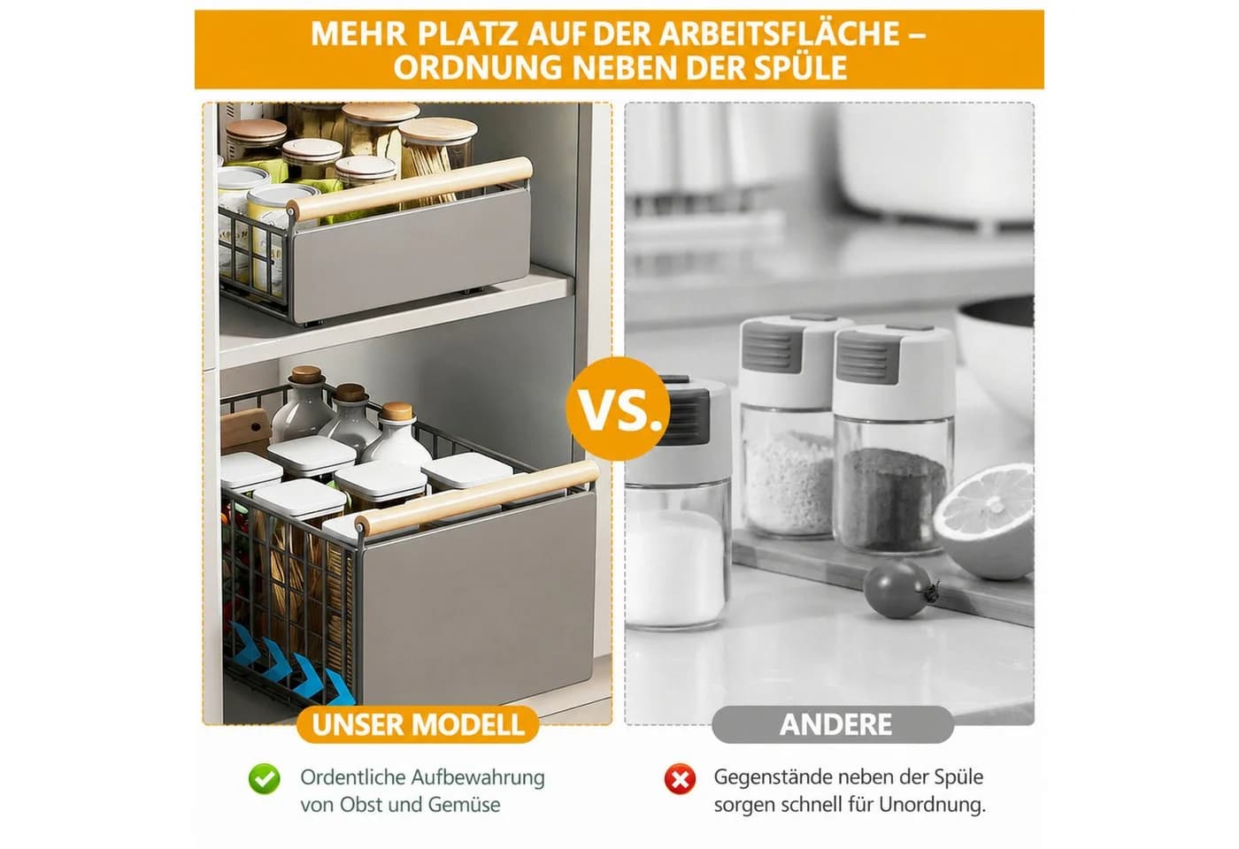 LEMLIT Küchenregal 2-tlg. Grau Ausziehbare Schubladen Organizer - Bild 5