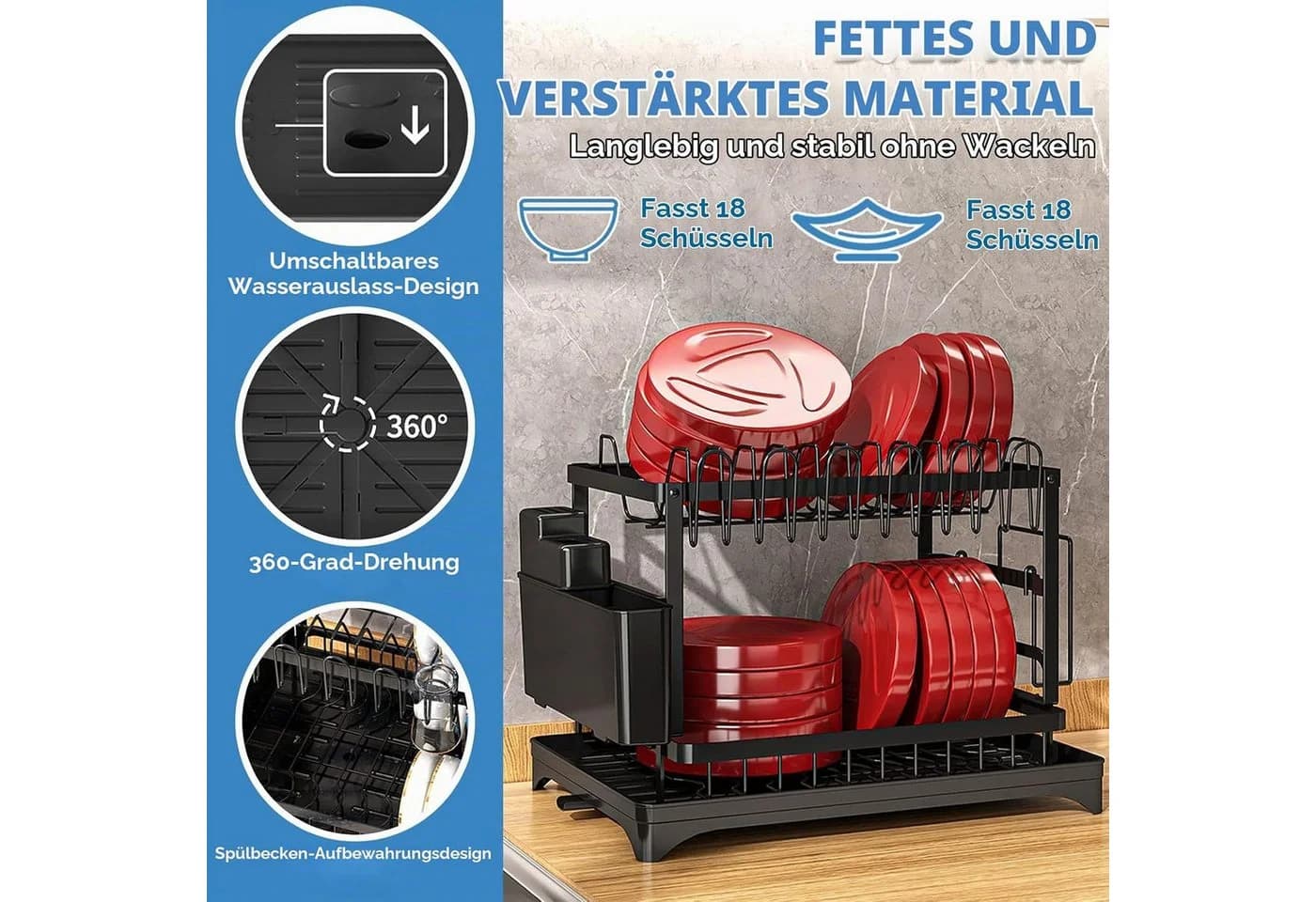 LEMLIT Geschirrständer 2 Ebenen Schwarz mit Abtropfschale - Bild 4