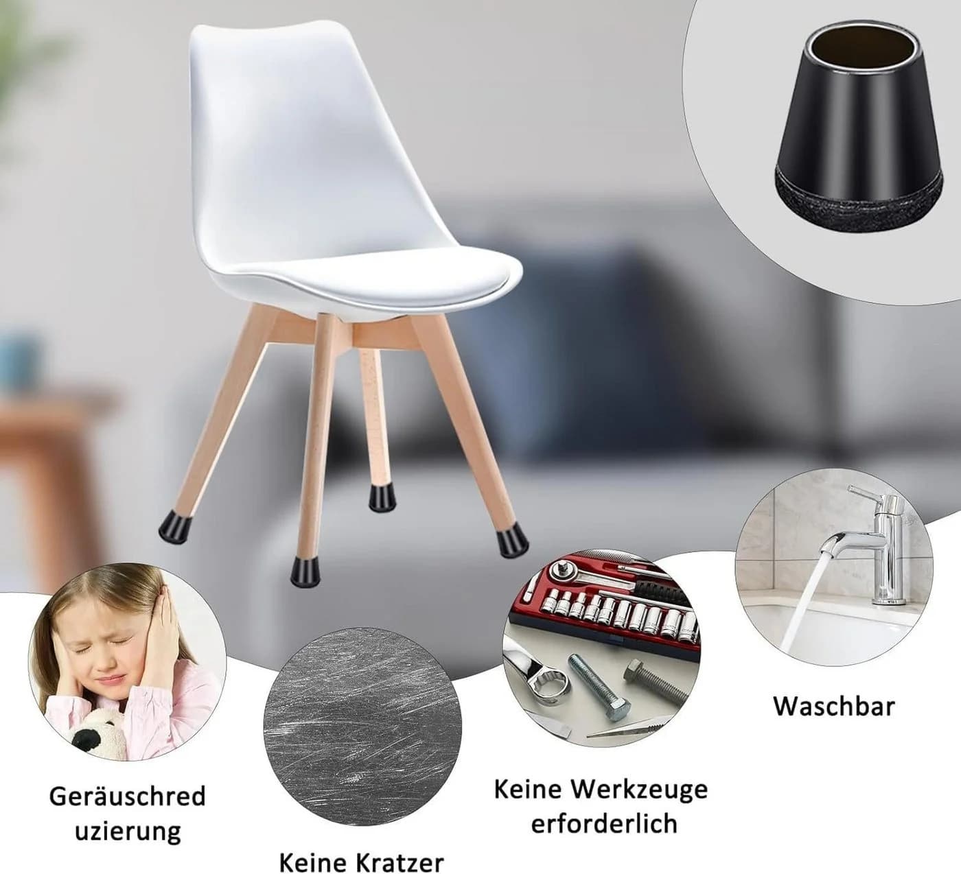 LEMLIT Stuhlbeinkappen 40 Stück Schwarz PP-Kunststoff Bodenschutz - Bild 3