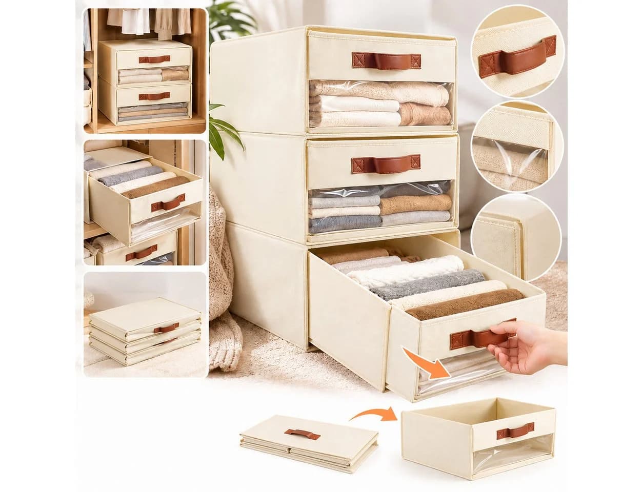 LEMLIT Aufbewahrungskorb 3er-Set Beige Schubladen Organizer mit Sichtfenster