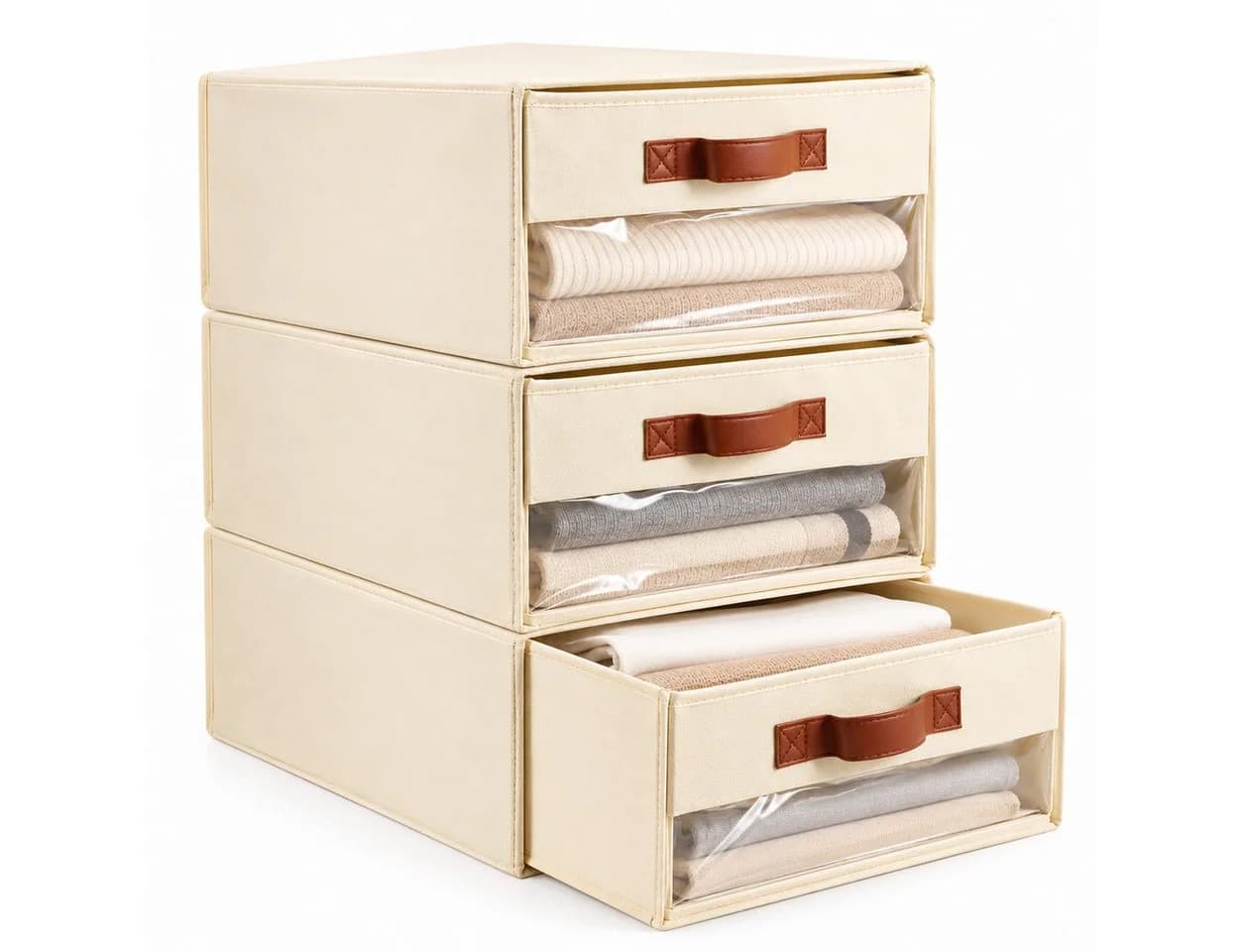 LEMLIT Aufbewahrungskorb 3er-Set Beige Schubladen Organizer mit Sichtfenster - Bild 2