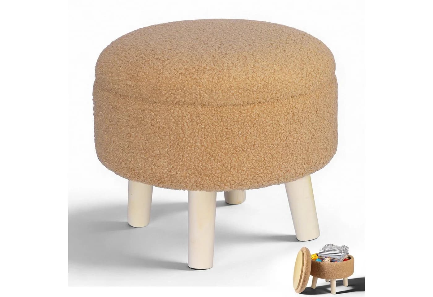 BlingBin Fußhocker mit Stauraum Teddy-Fleece Rund Beige/Braun - Bild 2