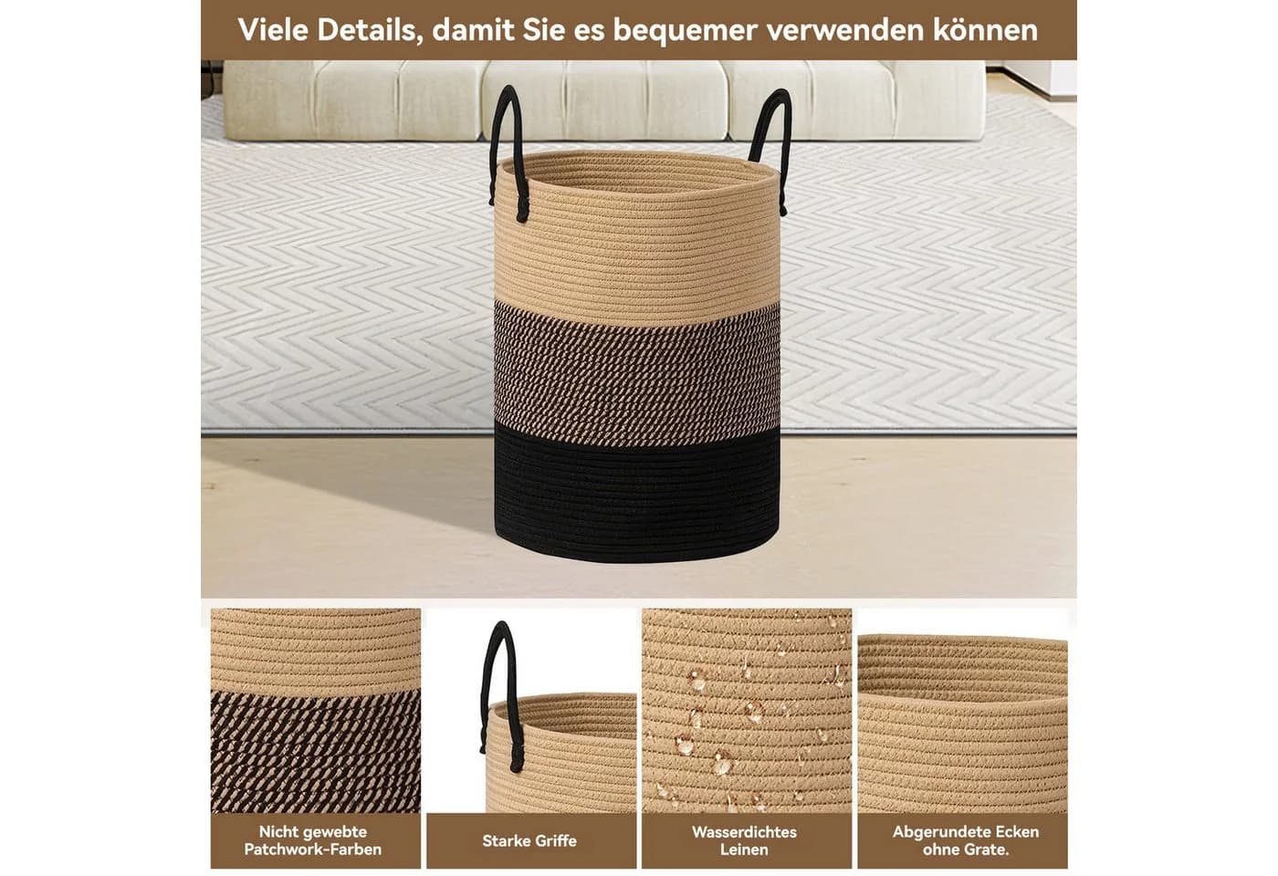 BlingBin Wäschekorb Rund 58L mit Baumwollgriffen Faltbar Braun Schwarz
