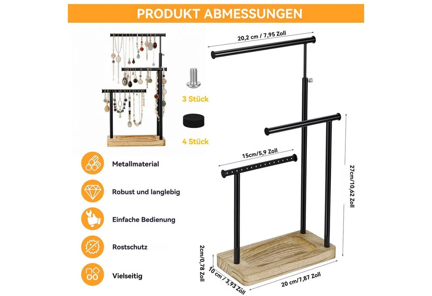 BlingBin Schmuckständer Holz Schwarz Drehbar 3 Stäbe - Bild 4