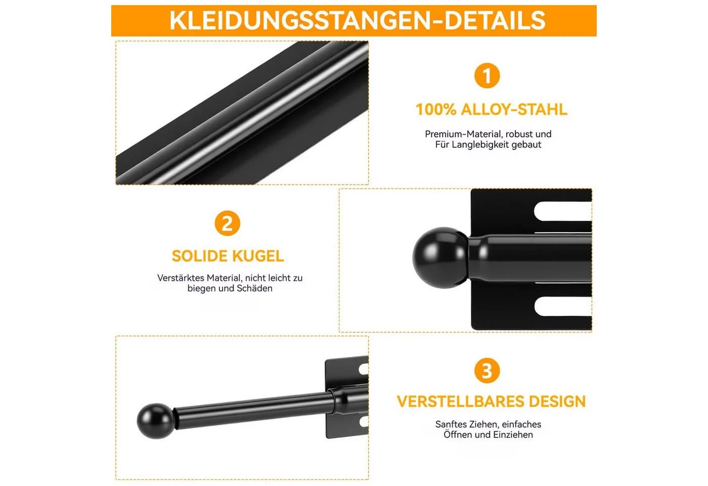 BlingBin Ausziehbare Kleiderstange Schwarz Teleskop - Bild 3