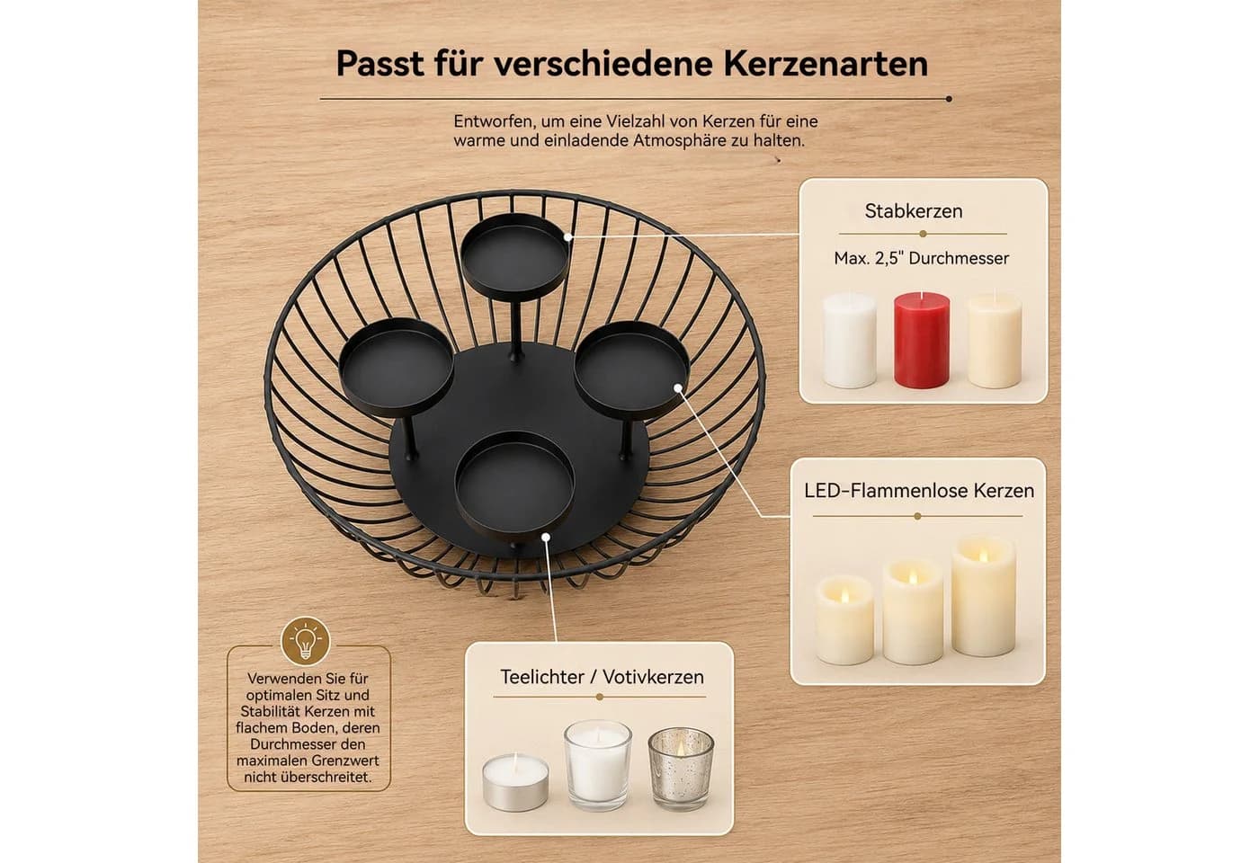 BlingBin Kerzenhalter Adventskranz Schwarz Metall Modern - Bild 4