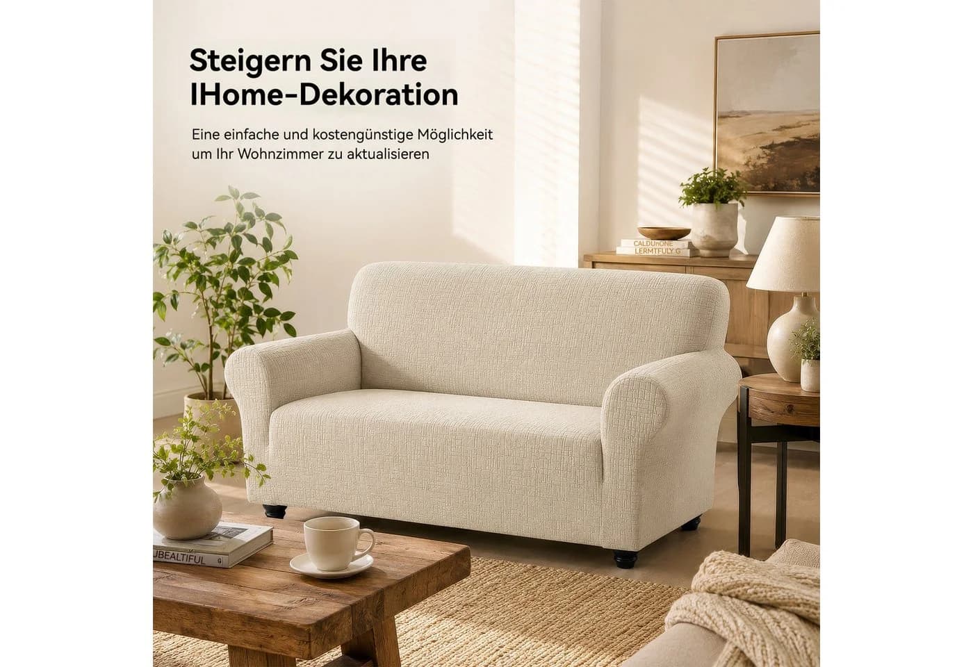 LEMLIT Sofabezug Stretch & rutschfest für 2-/3-Sitzer Beige - Bild 4