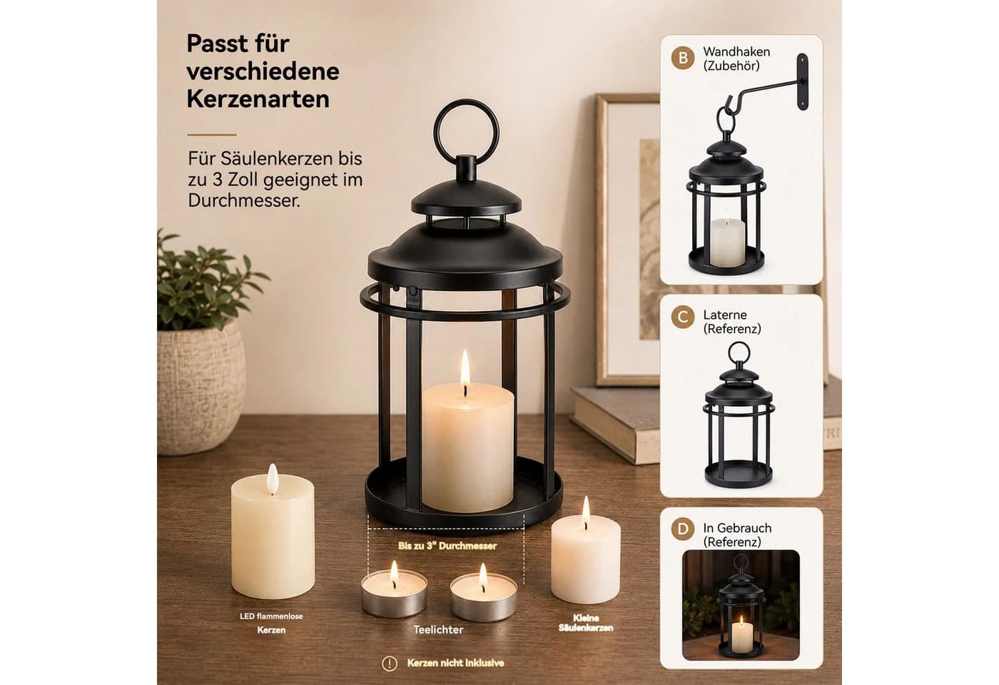 LEMLIT Kerzenhalter Laterne Schwarz Metall Vintage