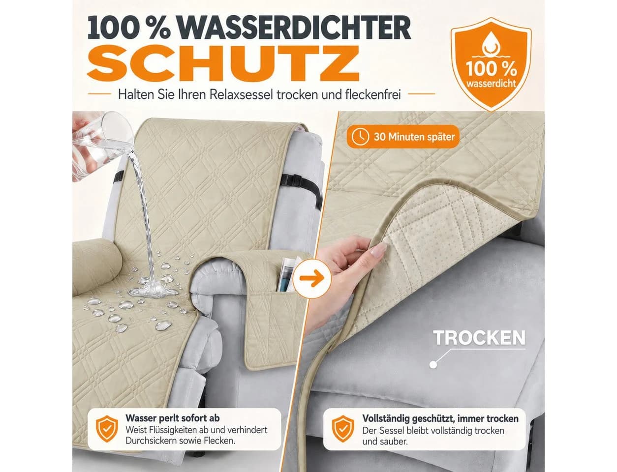 LEMLIT Sesselschoner Wasserdicht mit Seitentaschen Anti-Rutsch - Bild 3