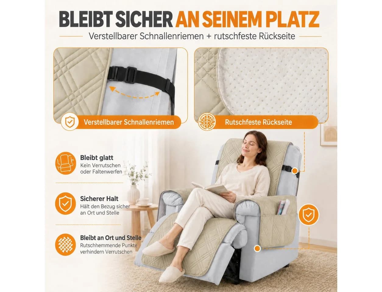 LEMLIT Sesselschoner Wasserdicht mit Seitentaschen Anti-Rutsch - Bild 5