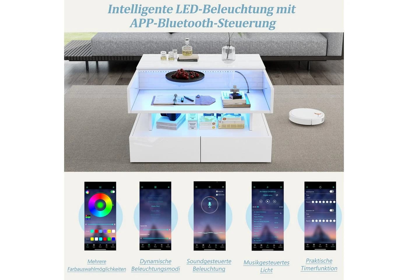 BlingBin Couchtisch Hochglanz mit LED-Beleuchtung und Stauraum - Bild 3