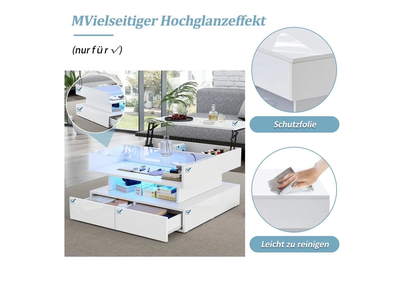 BlingBin Couchtisch Hochglanz mit LED-Beleuchtung und Stauraum - Bild 5