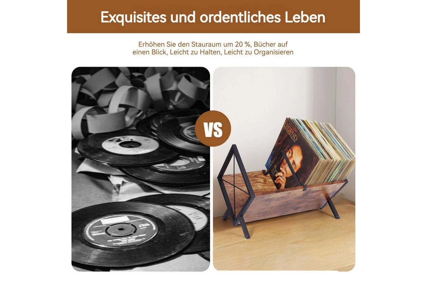 BlingBin Plattenständer Schallplatten Aufbewahrung 80 LPs Vinyl Regal Braun - Bild 5