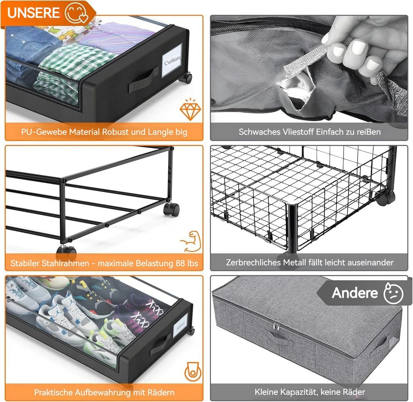 BlingBin Aufbewahrungsbox Unterbettkommode mit Rollen 78,1 x 43,2 x 16,5 cm - Bild 4