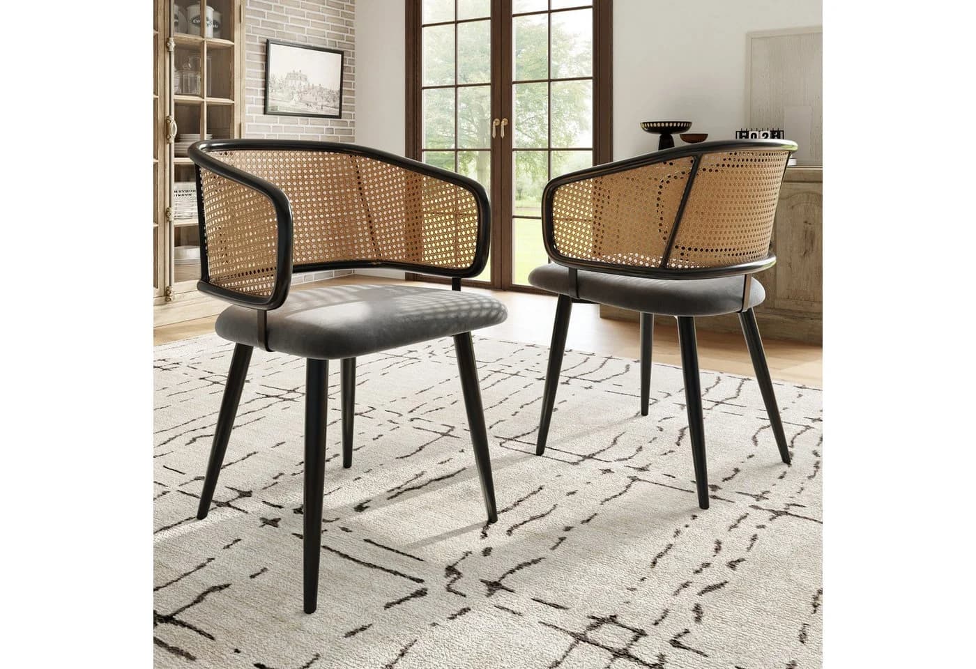 BlingBin Esszimmerstuhl mit Rattan-Rückenlehne und Samt-Sitzkissen Grau - Bild 2