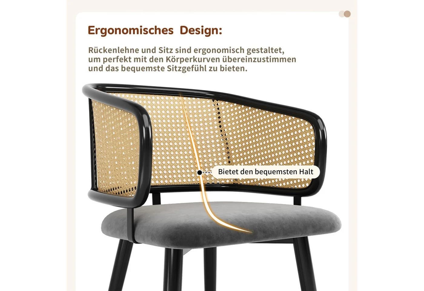 BlingBin Esszimmerstuhl mit Rattan-Rückenlehne und Samt-Sitzkissen Grau - Bild 3
