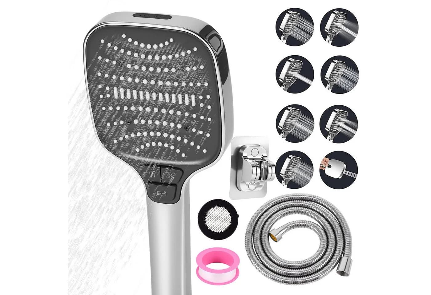 BlingBin Duschbrause Set mit 1,5m Schlauch & Halterung, 8 Strahlarten, Silber - Bild 2