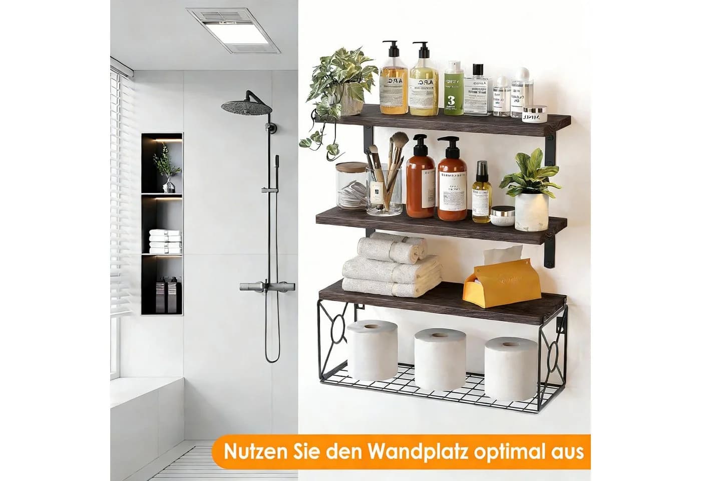 BlingBin Wandregal 3er-Set mit Drahtkorb Paulownia-Holz - Bild 3