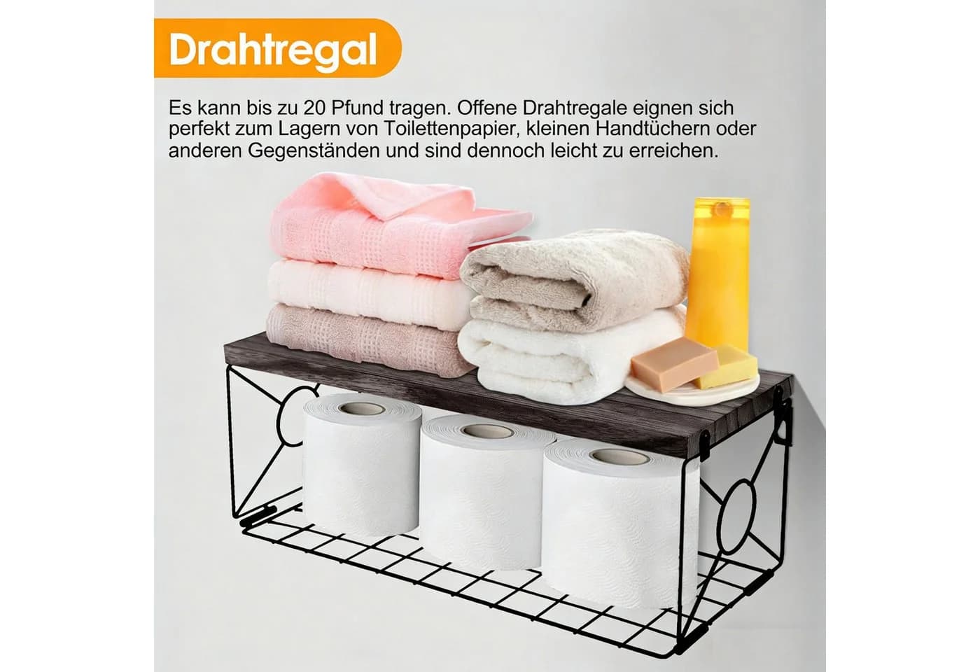 BlingBin Wandregal 3er-Set mit Drahtkorb Paulownia-Holz - Bild 4