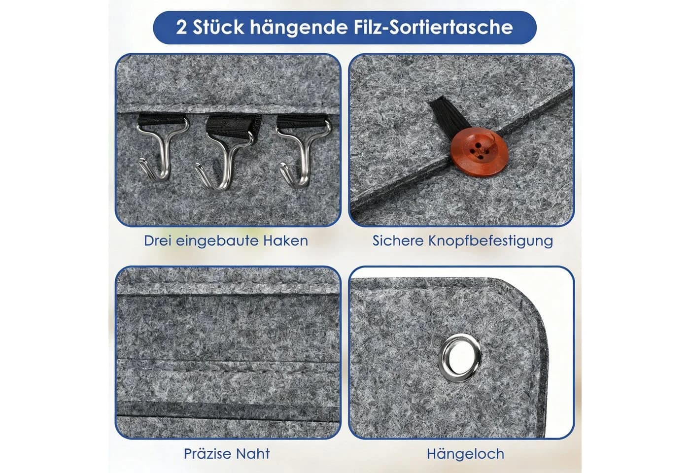 BlingBin Hängeaufbewahrung 2er Set Filz Dunkelgrau 6 Fächer - Bild 5