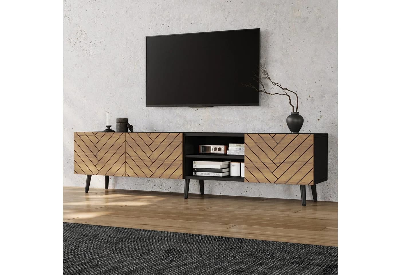 BlingBin TV Lowboard 180 cm mit Fischgrätenfront Schwarz