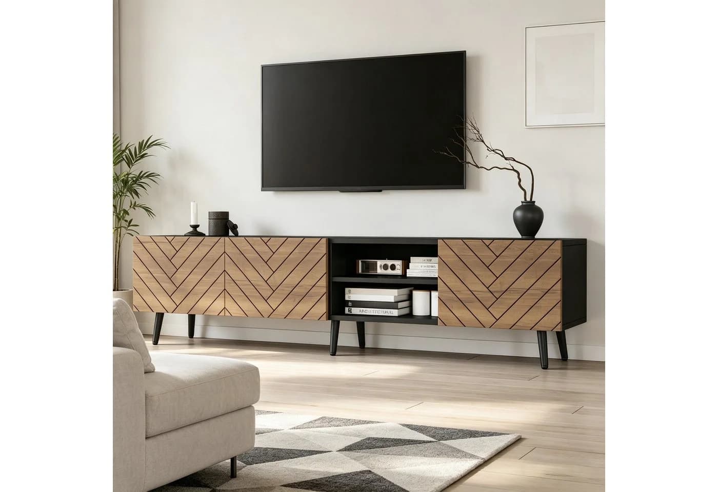 BlingBin TV Lowboard 180 cm mit Fischgrätenfront Schwarz - Bild 2