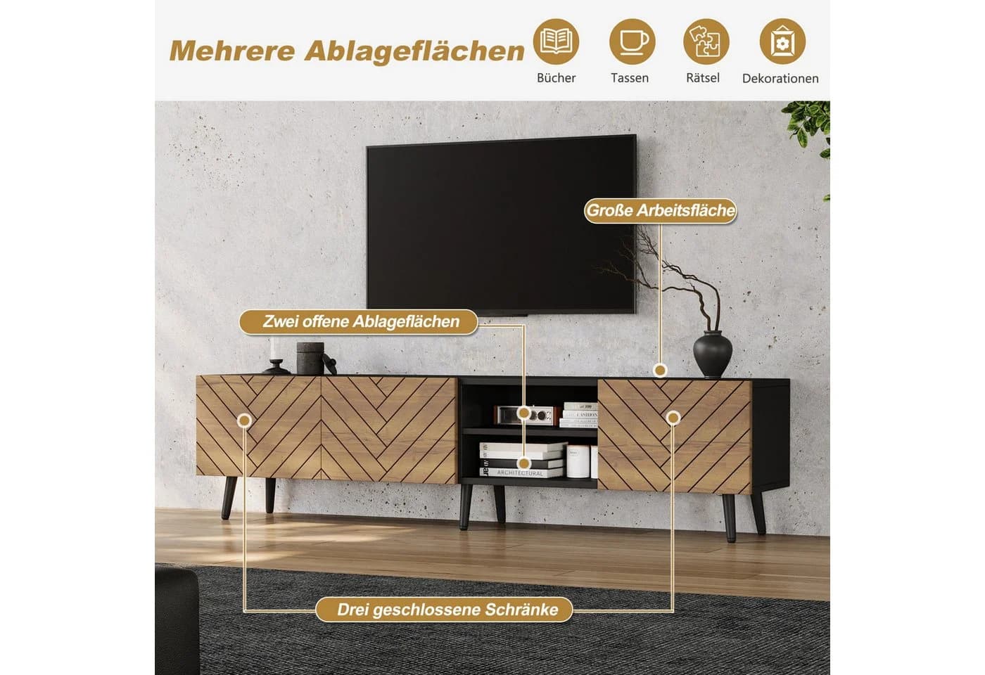 BlingBin TV Lowboard 180 cm mit Fischgrätenfront Schwarz - Bild 3
