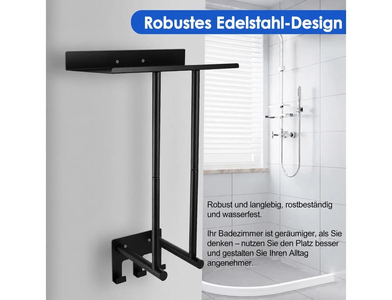 BlingBin Handtuchregal Wandmontage mit Ablage und 3 Haken Schwarz