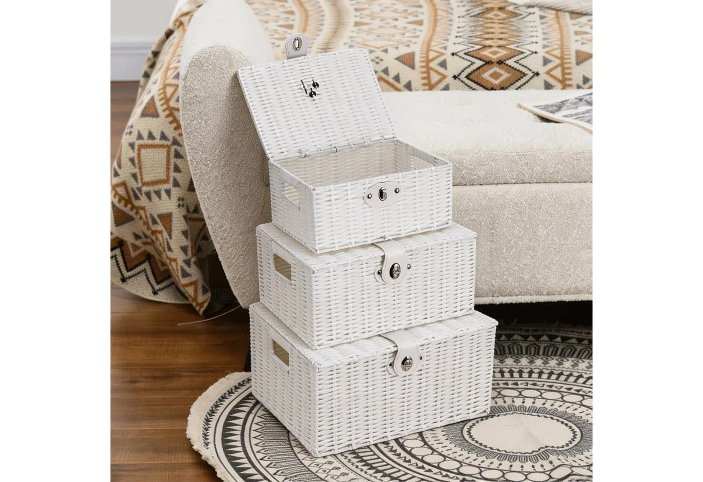 BlingBin Aufbewahrungskorb 3er Set Weiß PP-Rattan mit Deckel