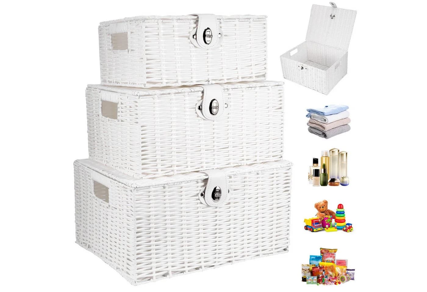 BlingBin Aufbewahrungskorb 3er Set Weiß PP-Rattan mit Deckel - Bild 2