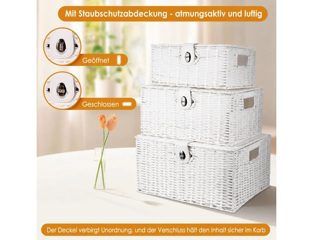 BlingBin Aufbewahrungskorb 3er Set Weiß PP-Rattan mit Deckel - Bild 4