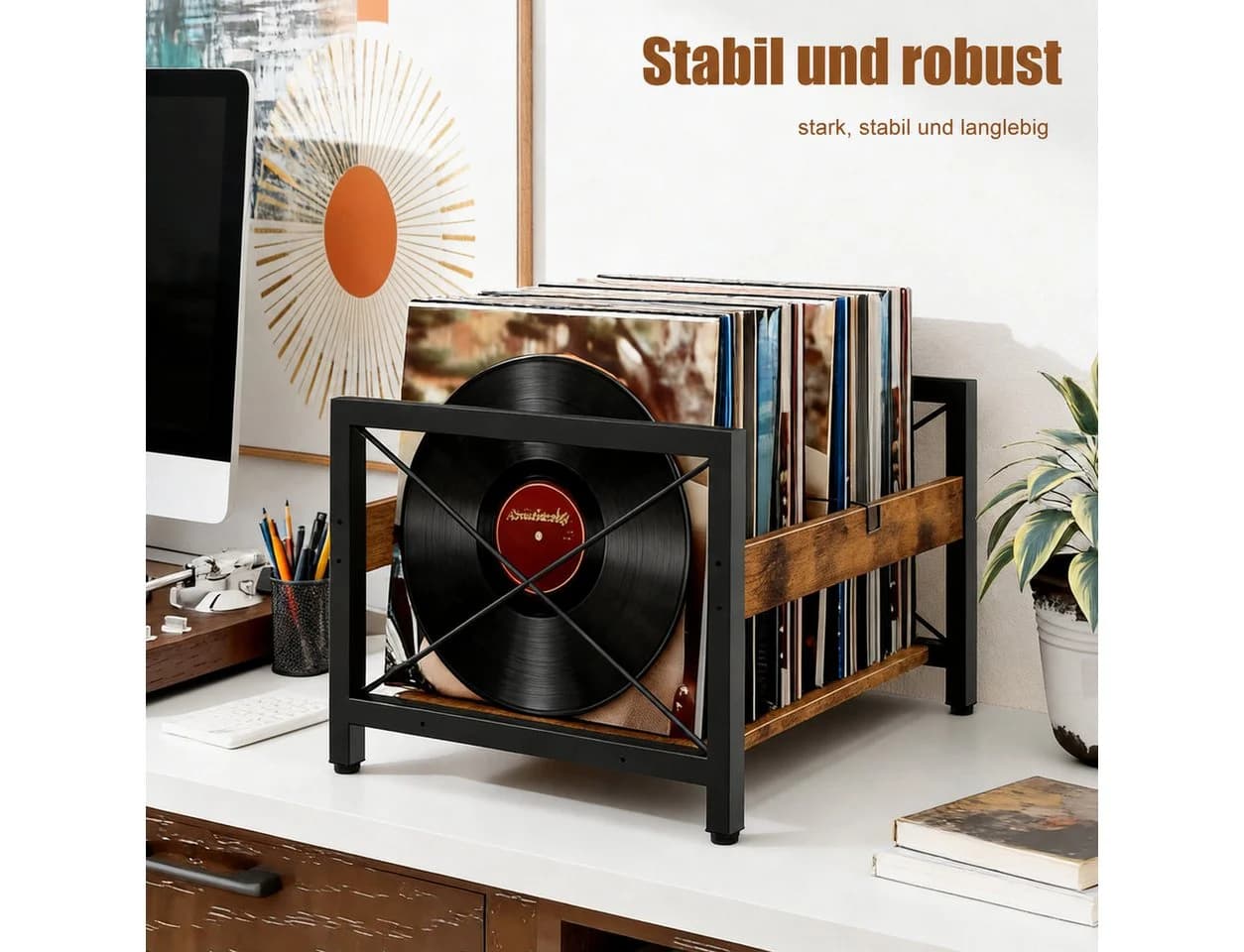BlingBin Plattenständer Retro Braun-Schwarz Holz Metall Vinyl Regal