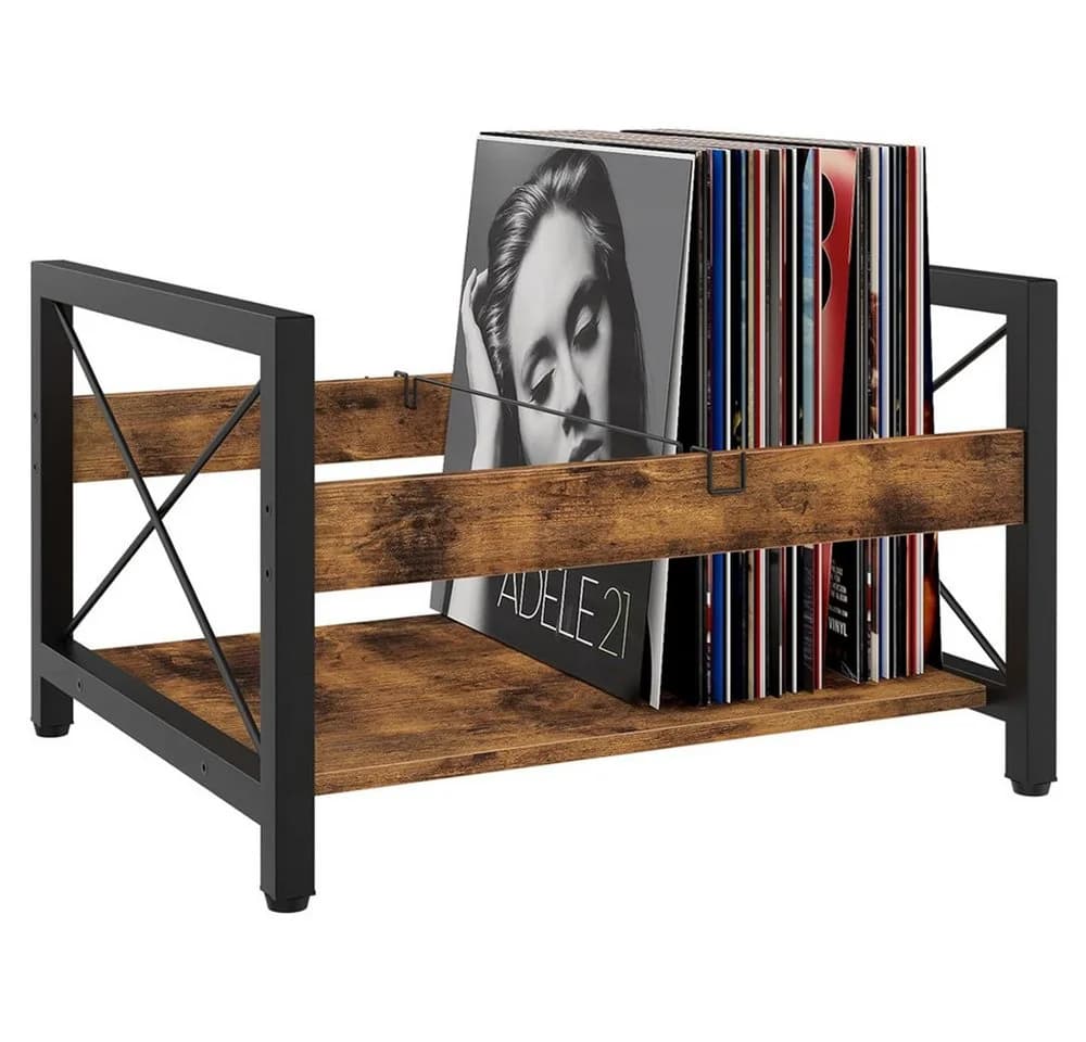 BlingBin Plattenständer Retro Braun-Schwarz Holz Metall Vinyl Regal - Bild 2