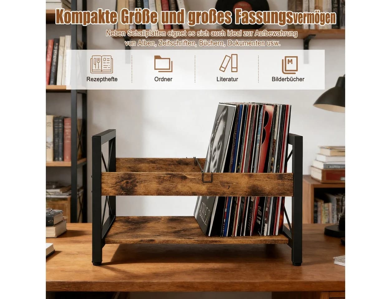 BlingBin Plattenständer Retro Braun-Schwarz Holz Metall Vinyl Regal - Bild 3