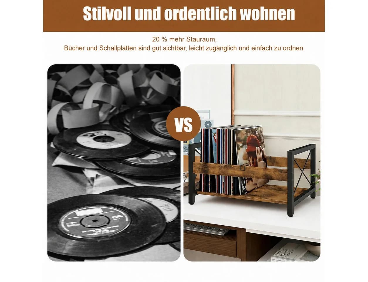 BlingBin Plattenständer Retro Braun-Schwarz Holz Metall Vinyl Regal - Bild 4