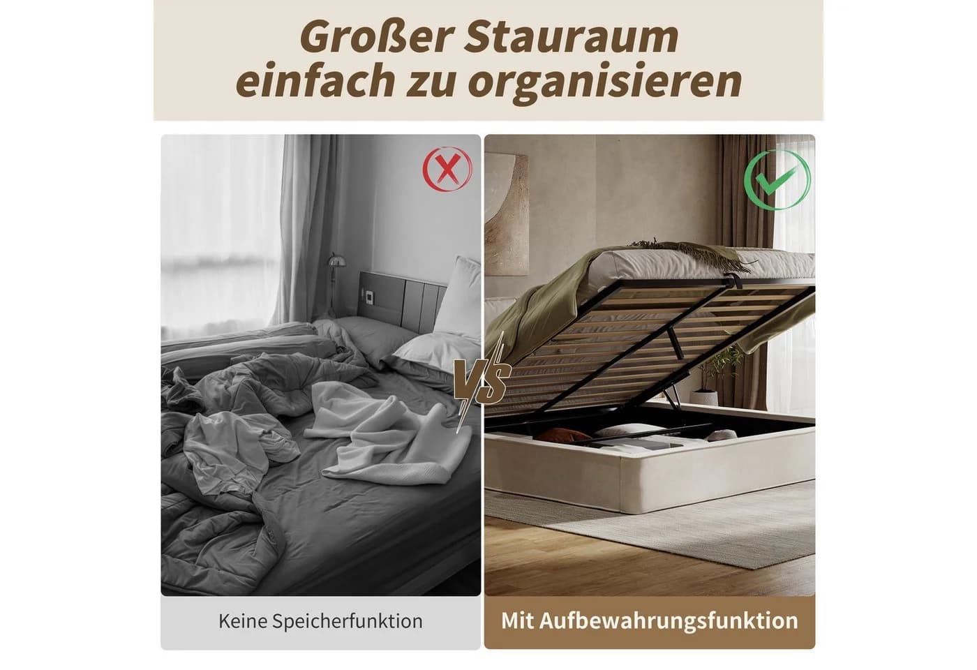 BlingBin Polsterbett 160x200 Beige mit Lattenrost und hydraulischem Stausystem - Bild 4