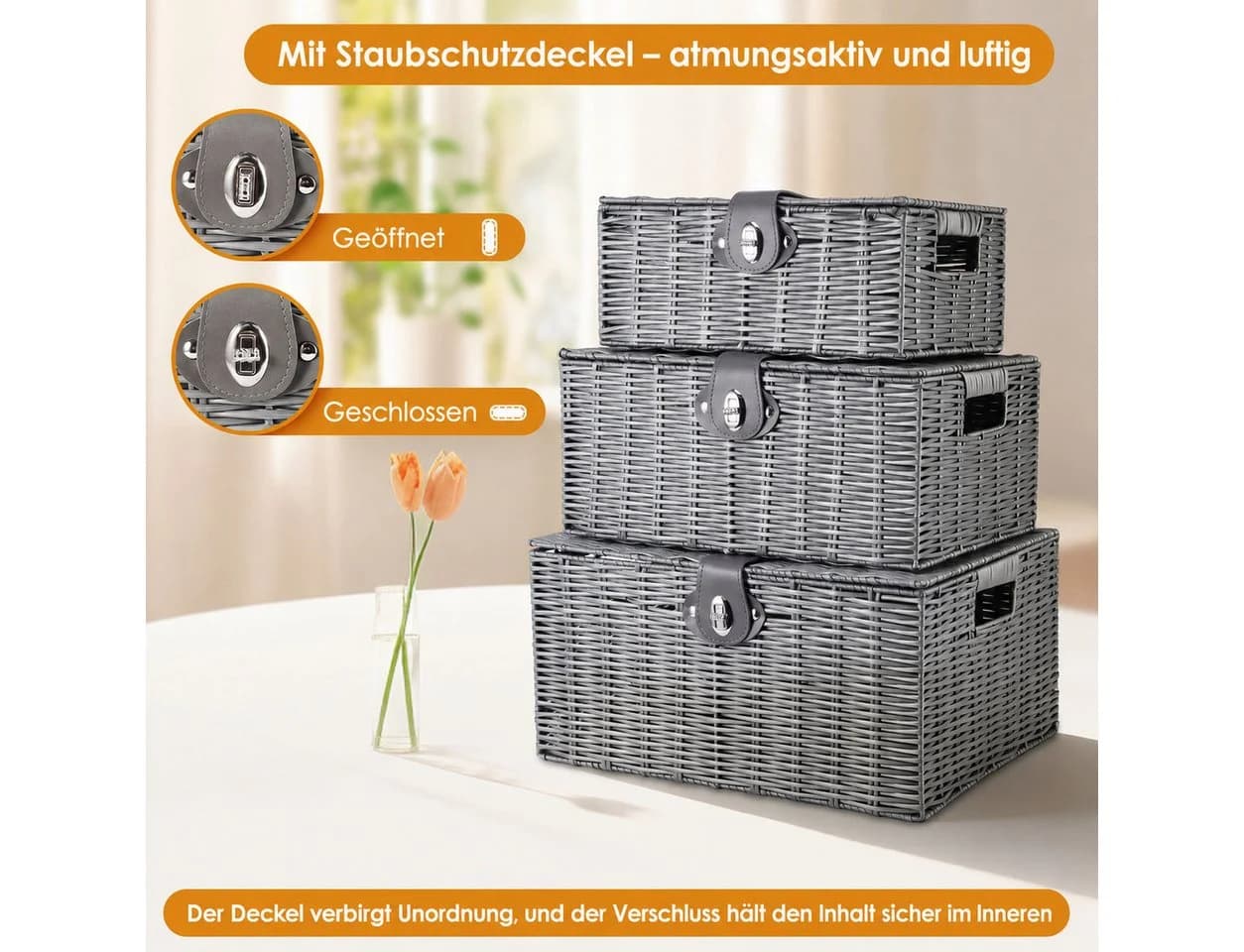 BlingBin Aufbewahrungskorb 3er Set Grau mit Deckel