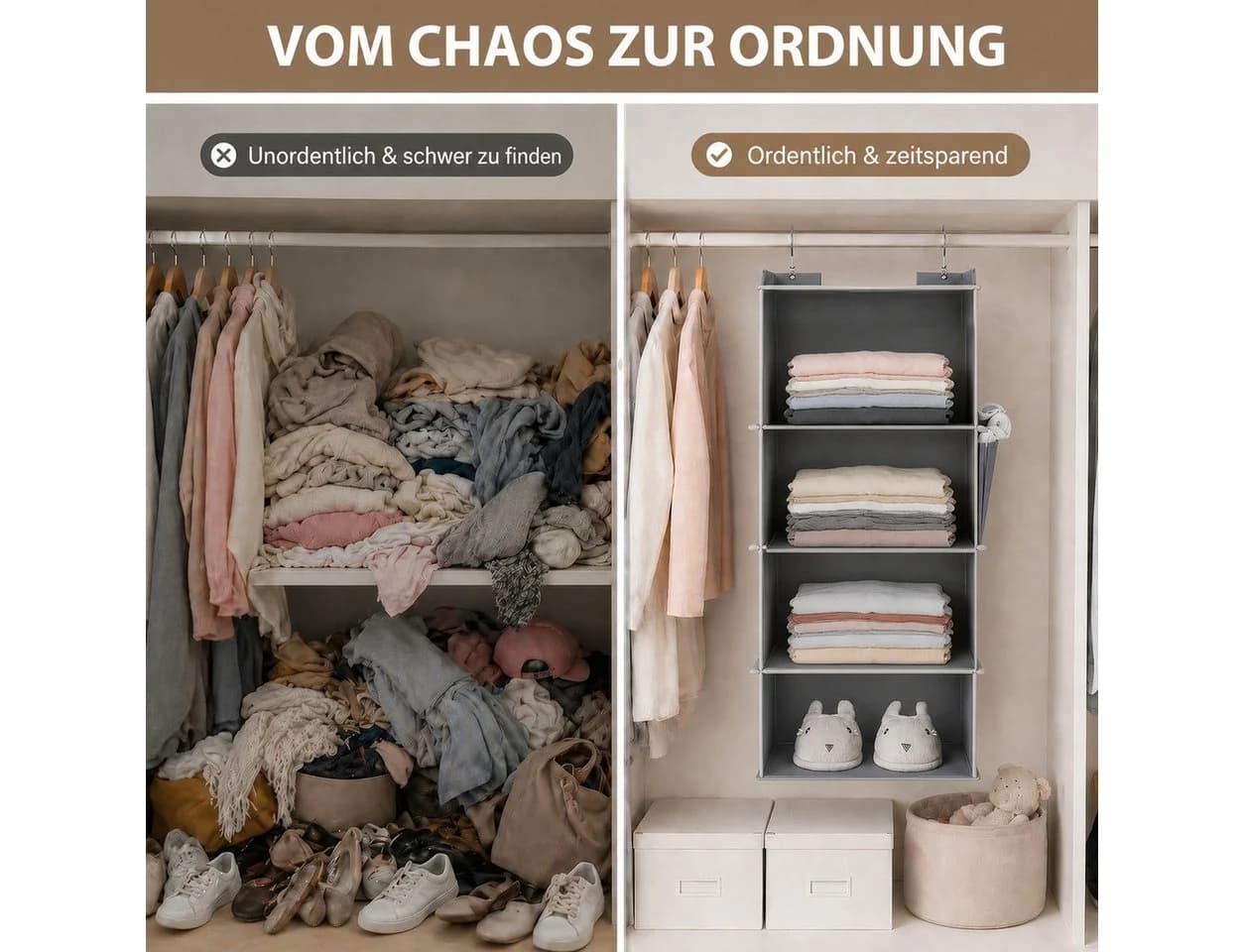 BlingBin Hängeorganizer Grau 4 Fächer Vlies MDF Bambus - Bild 4