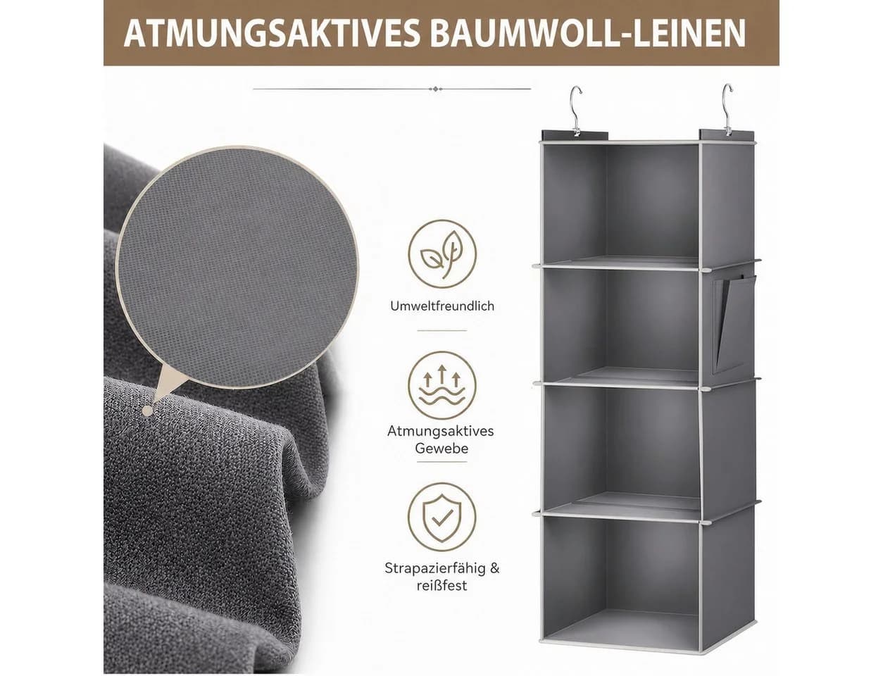 BlingBin Hängeorganizer Grau 4 Fächer Vlies MDF Bambus - Bild 5