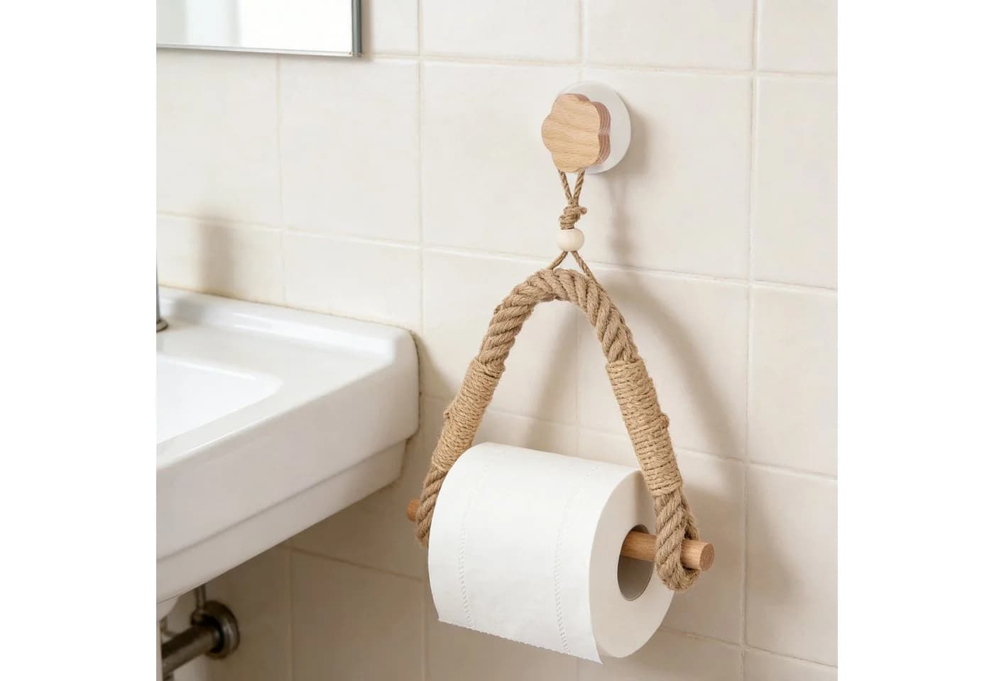 BlingBin Toilettenpapierhalter Vintage Hanfseil Holz Ohne Bohren