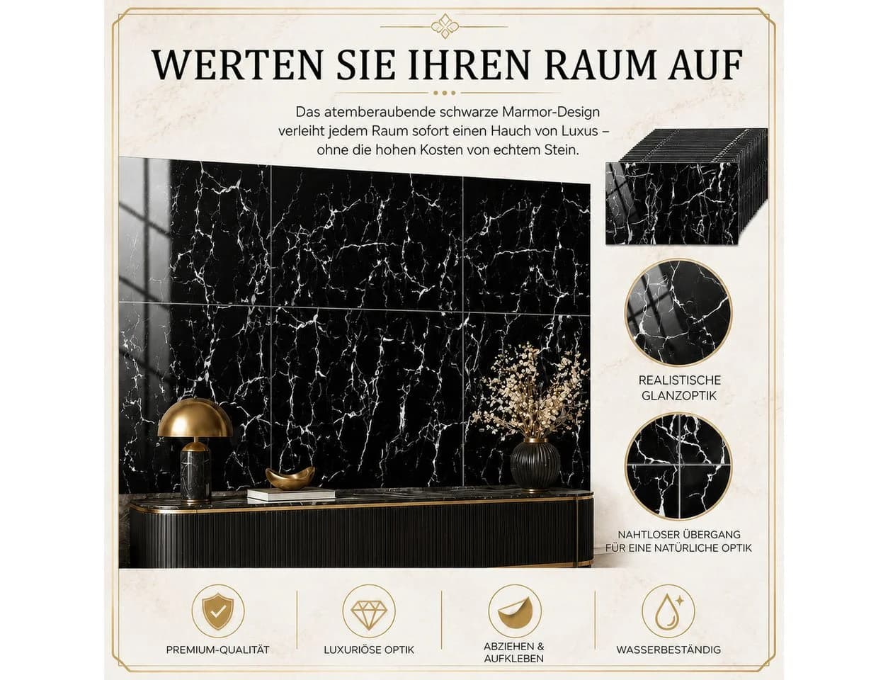 BlingBin Fliesenaufkleber Marmor Schwarz Selbstklebend Wasserfest - Bild 5