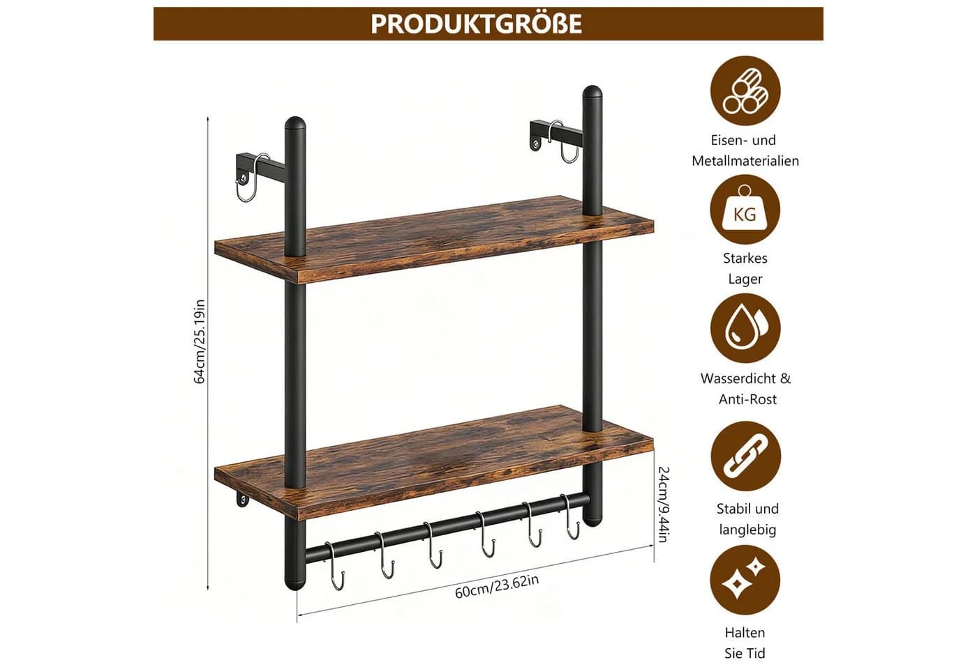 BlingBin Wandregal 2-stufig Industrial Regal Vintage Dunkelbraun Schwarz