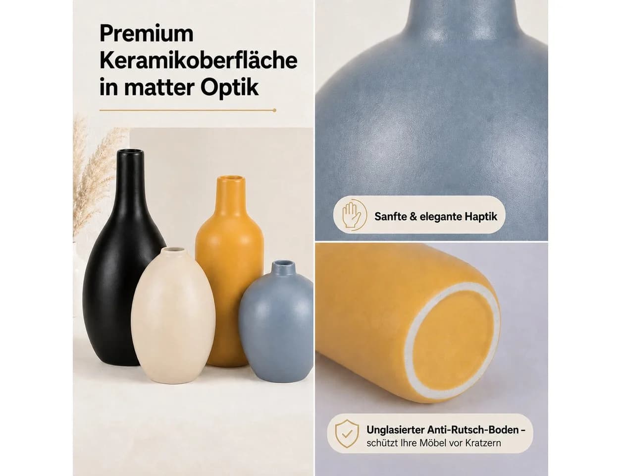 BlingBin 4er-Set Keramikvasen Schwarz Beige Gelb Hellblau - Bild 3
