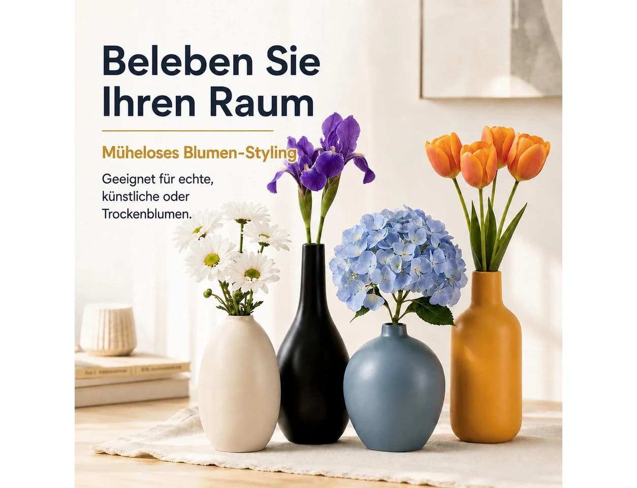 BlingBin 4er-Set Keramikvasen Schwarz Beige Gelb Hellblau - Bild 4